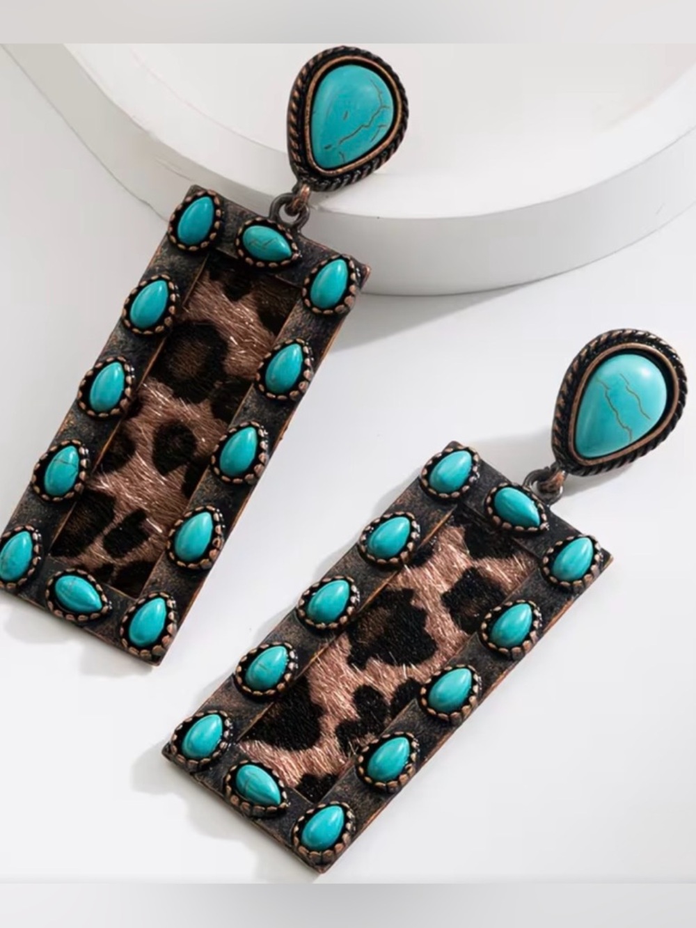 Turquoise Accent leather Leopard Rectangle Drop Earrings